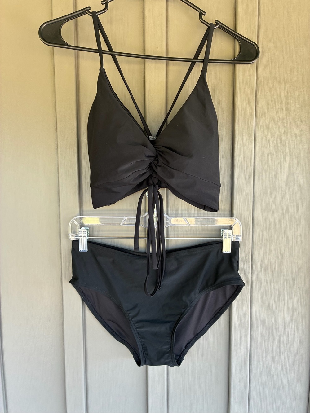 Zaful Black Ruched Strappy Bikini Top M & High Waist Bottoms S
